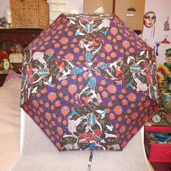 Vtg The Sak Happy & Free Compact Umbrella Crochet Bird Peace Love Nature Hippie - Picture 1 of 12